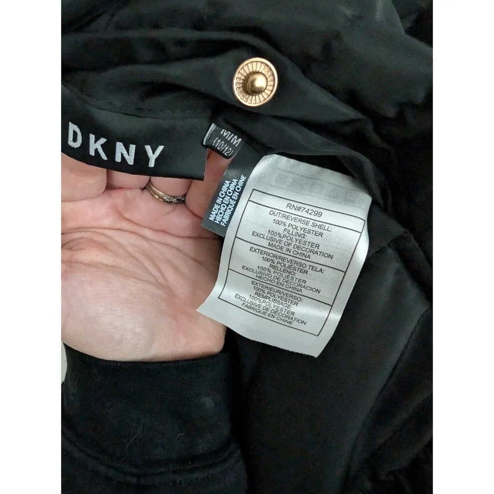 DKNY Girls Reversible Faux Fur Puffer Jacket Black White‎ Gold Size M 10 12 Coat